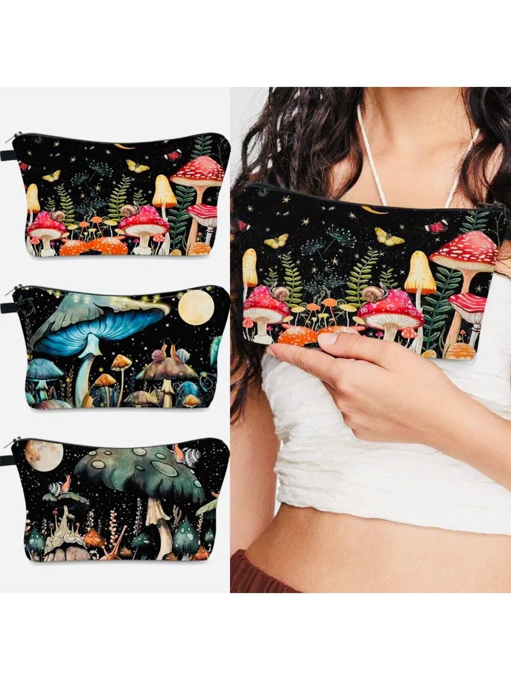 New - Super Cute & Fun 3 Piece Mushroom Design Cosmetic /Accessories Bag Set